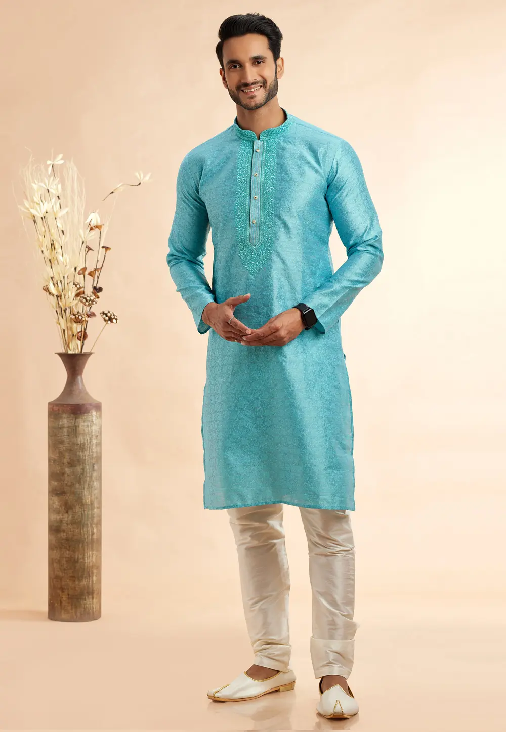 Sky Blue Jacquard Kurta Pajama 297487