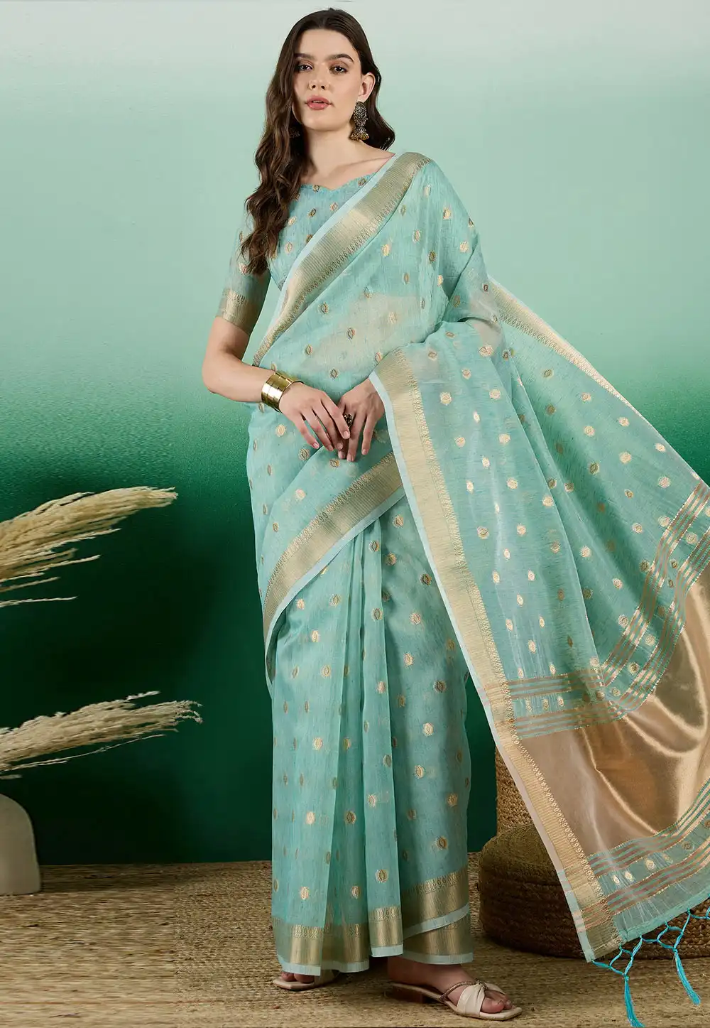 Sky Blue Jacquard Saree With Blouse 290235