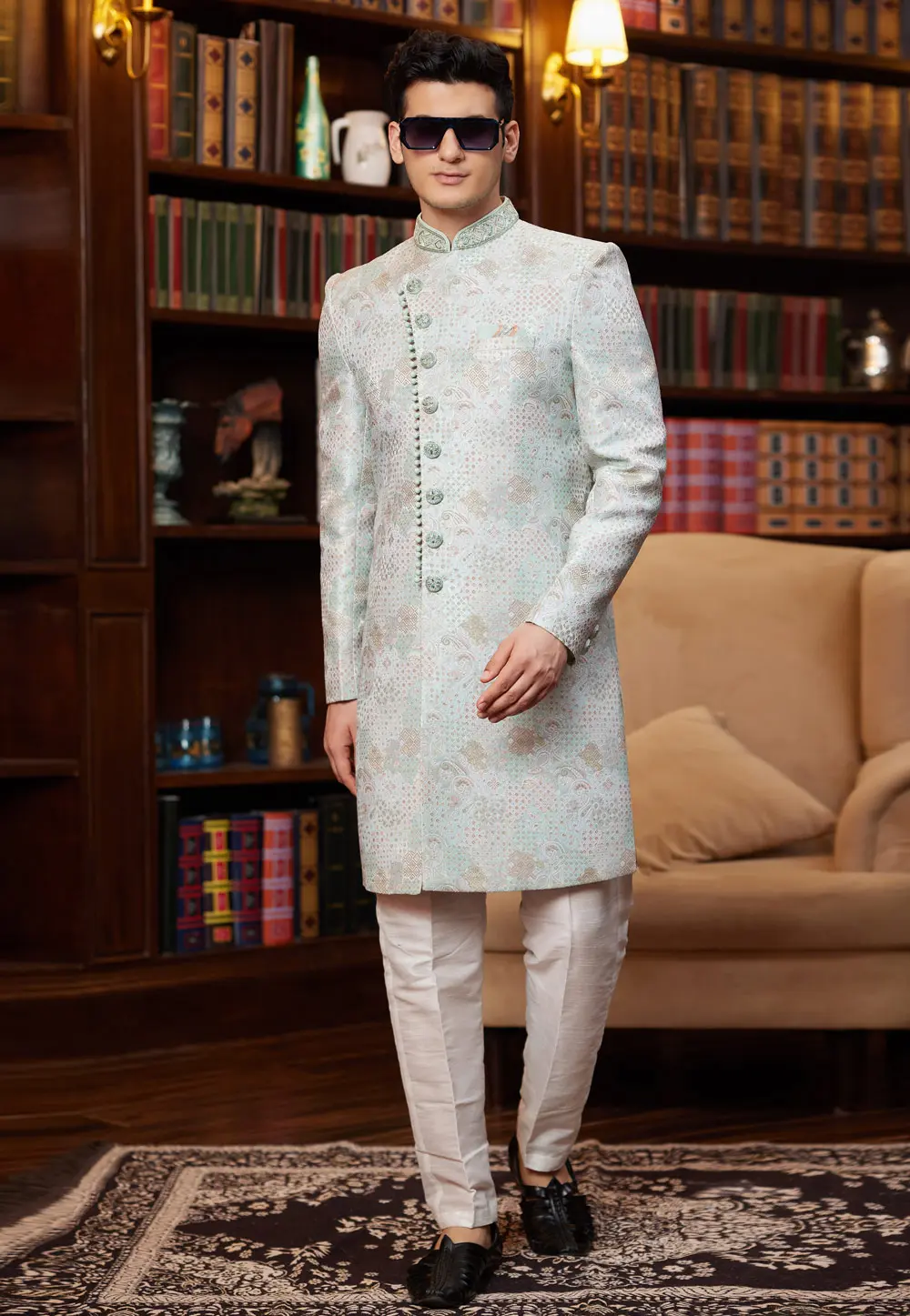 Sky Blue Jacquard Silk Indo Western Sherwani 302229