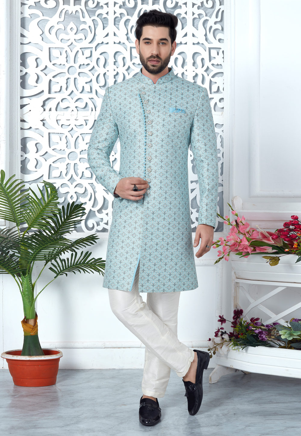 Sky Blue Jacquard Silk Indo Western Suit 280157