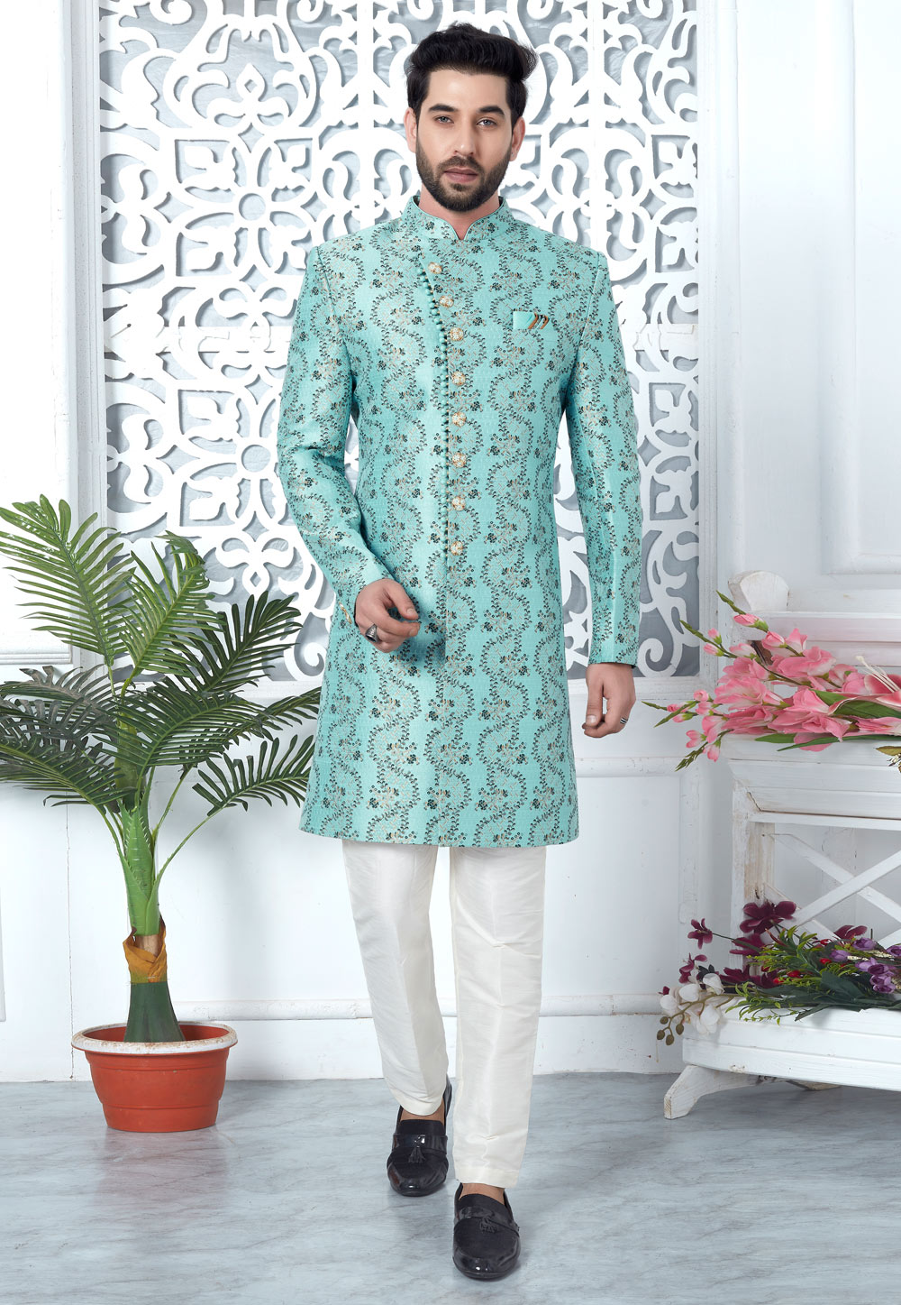 Sky Blue Jacquard Silk Indo Western Suit 280163