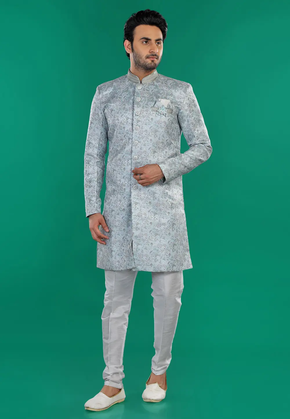 Sky Blue Jacquard Silk Indo Western Suit 295277