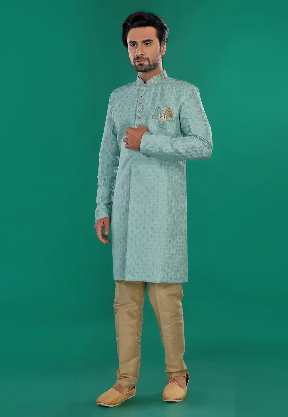 Sky Blue Jacquard Silk Indo Western Suit 295289