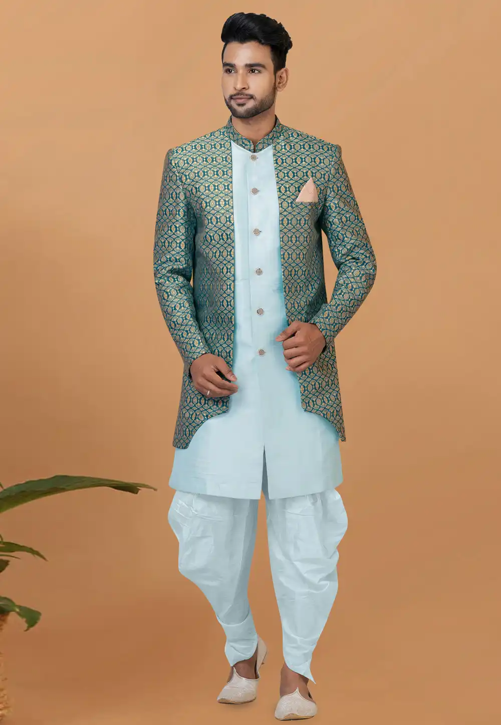 Sky Blue Jacquard Silk Indo Western Suit 288809