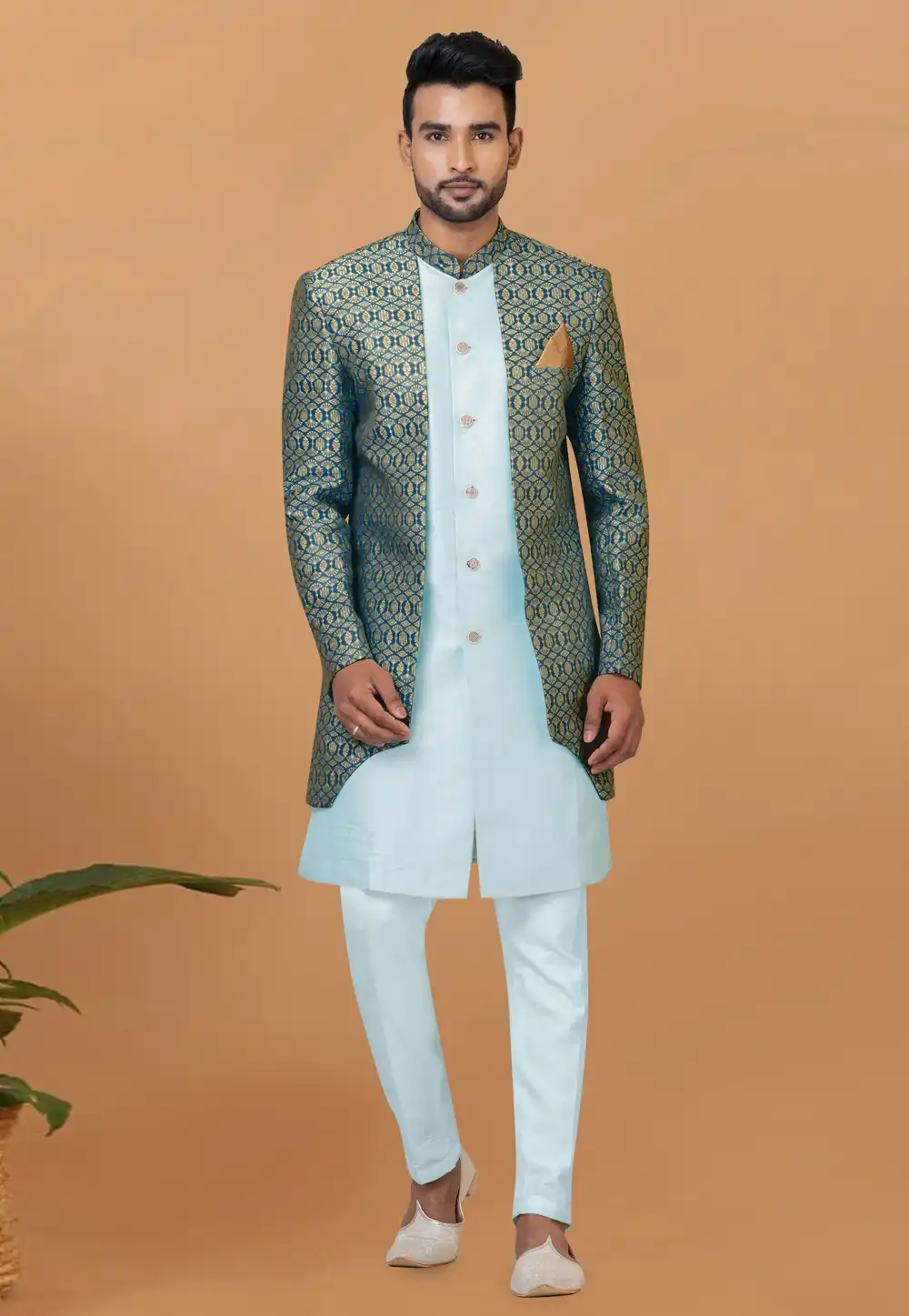 Sky Blue Jacquard Silk Indo Western Suit 288810