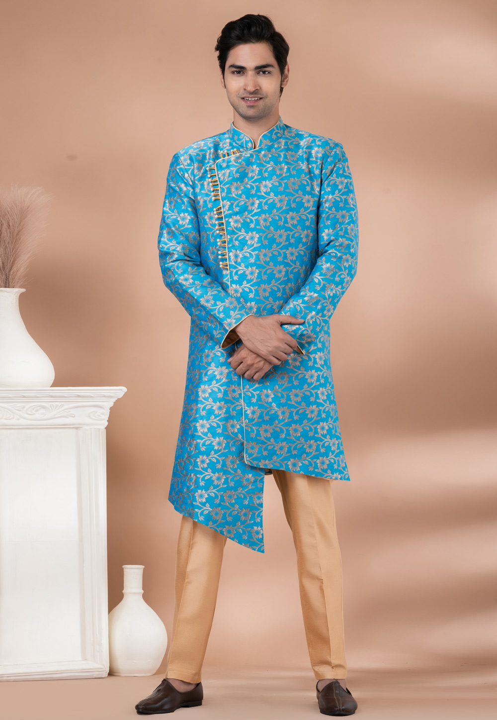 Sky Blue Jacquard Silk Indo Western Suit 283138