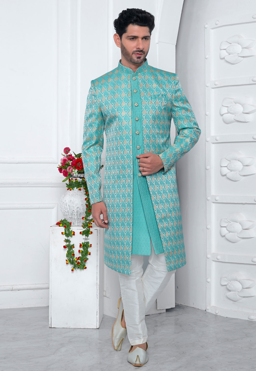 Sky Blue Jacquard Silk Jacket Style Sherwani 280140