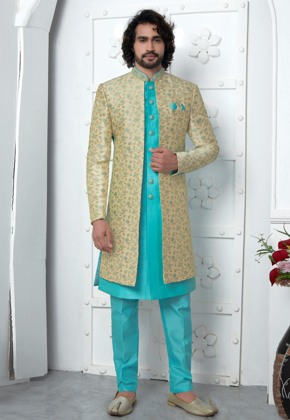 Sky Blue Jacquard Silk Jacket Style Sherwani 280154