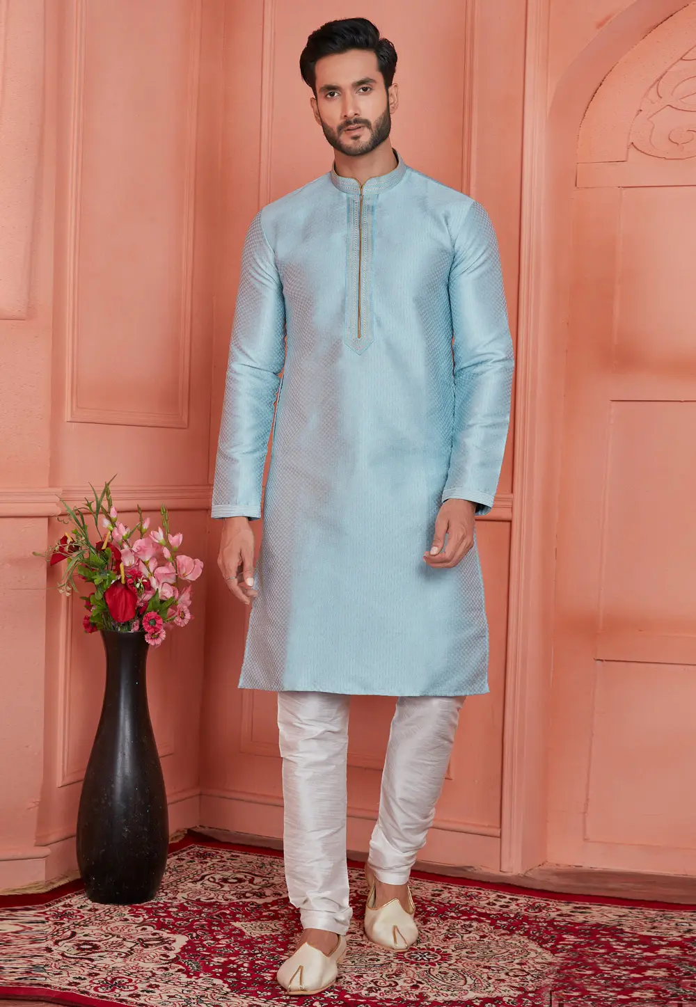 Sky Blue Jacquard Silk Kurta Pajama 304294