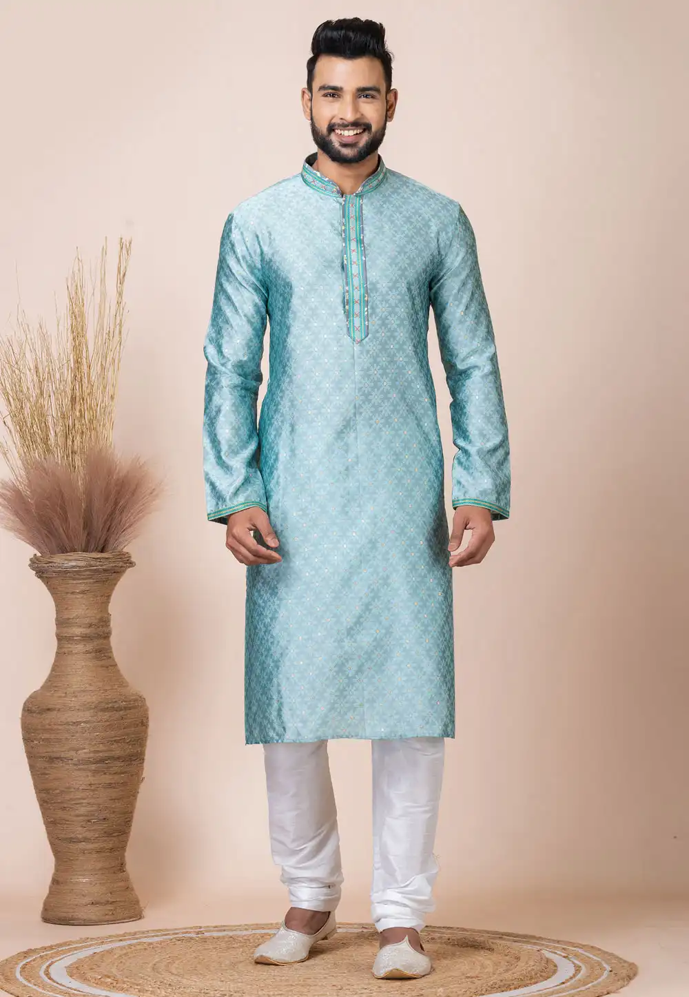 Sky Blue Jacquard Silk Kurta Pajama 293937