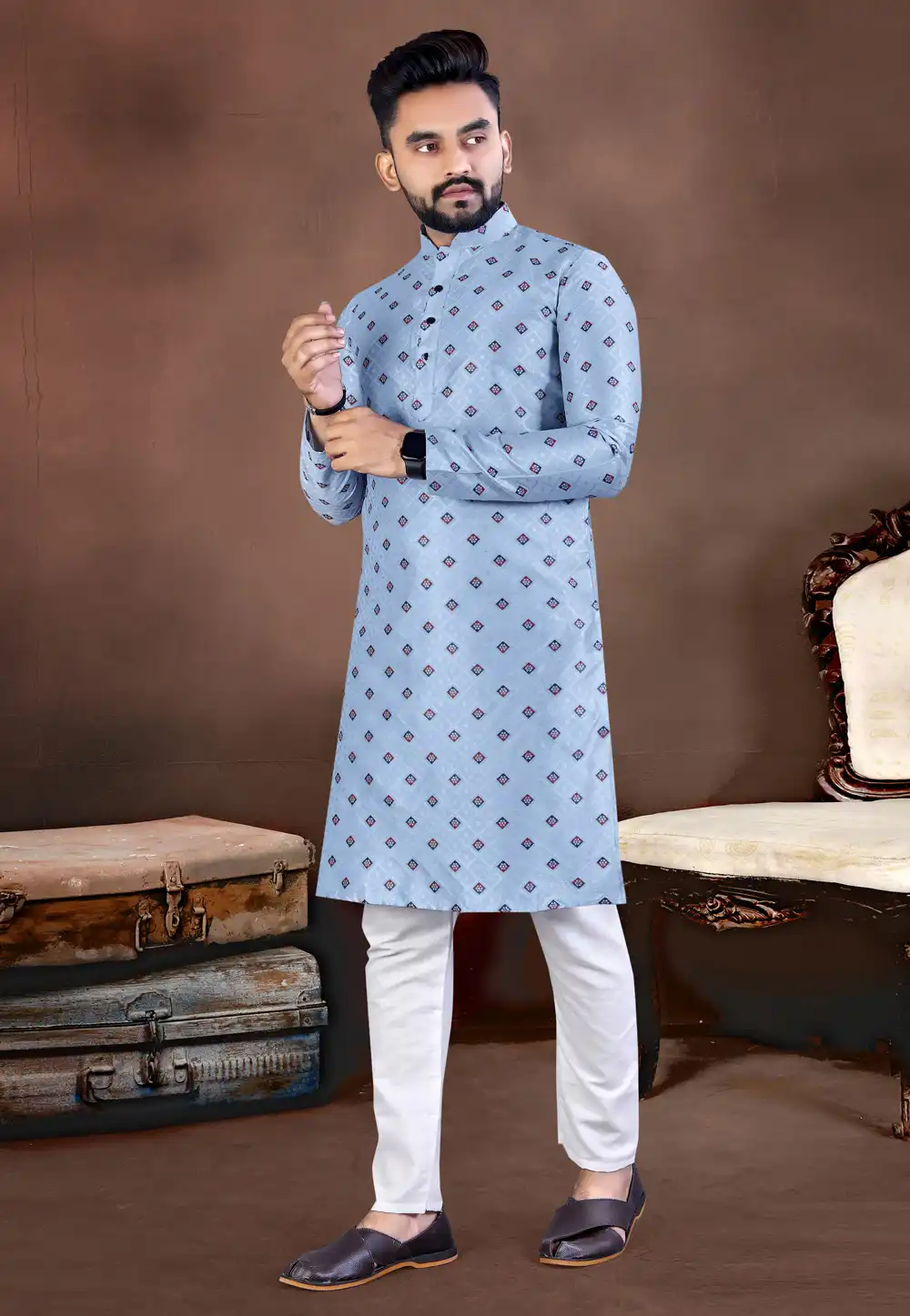 Sky Blue Jacquard Silk Kurta Pajama 293292