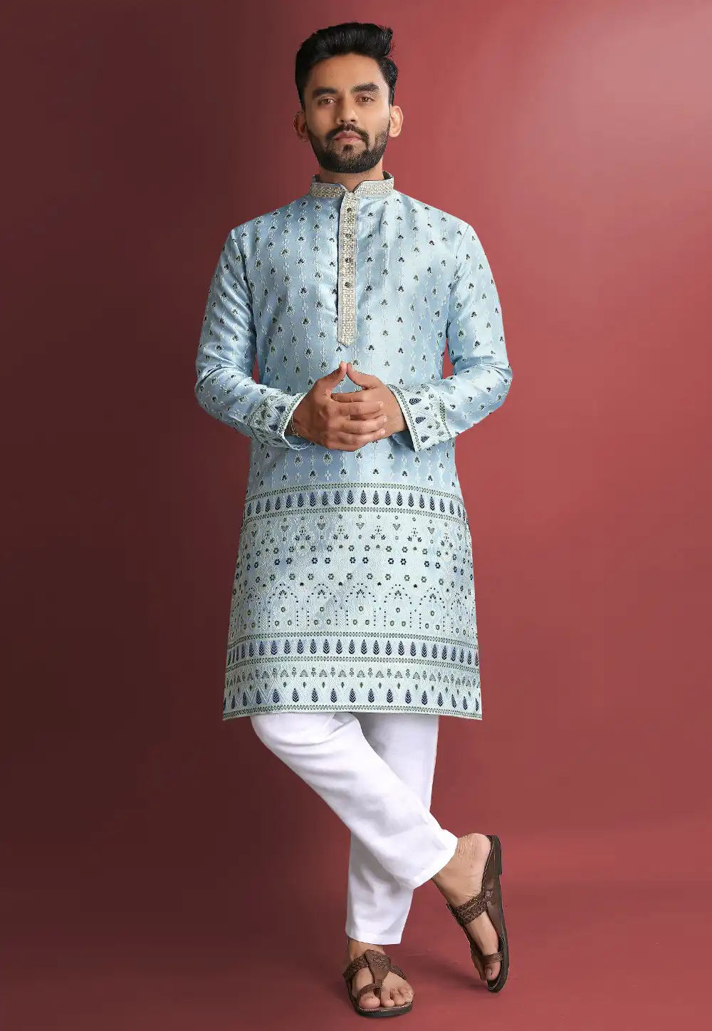 Sky Blue Jacquard Silk Kurta Pajama 293768