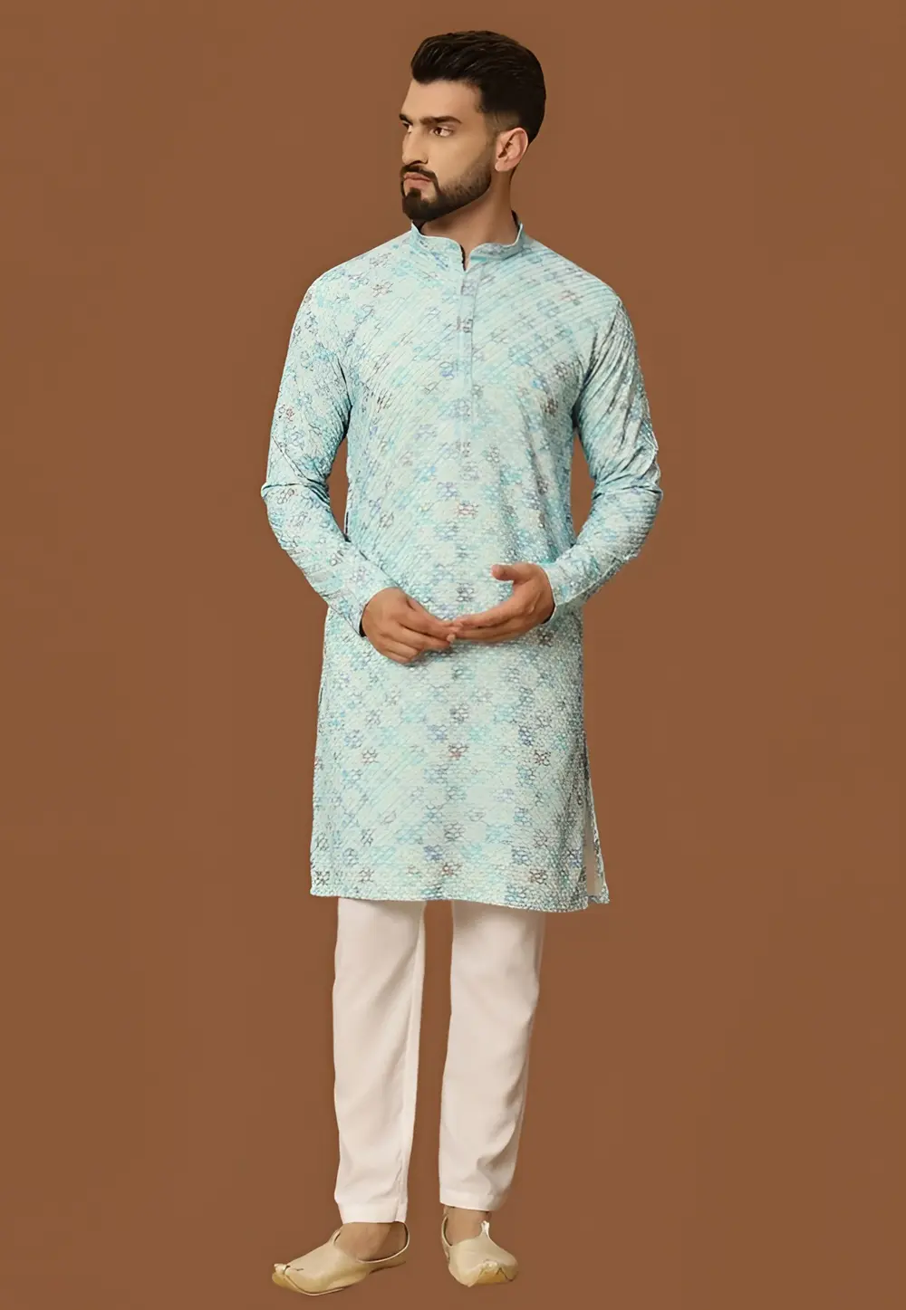 Sky Blue Jacquard Silk Kurta Pajama 297893