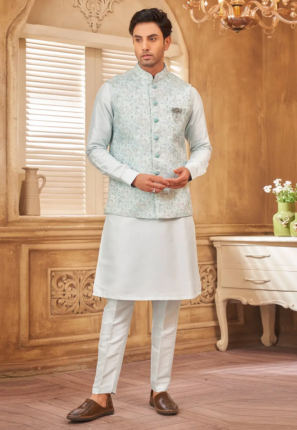 Sky Blue Jacquard Silk Kurta Pajama With Jacket 296689