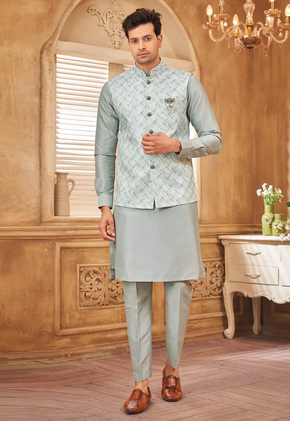 Sky Blue Jacquard Silk Kurta Pajama With Jacket 296692