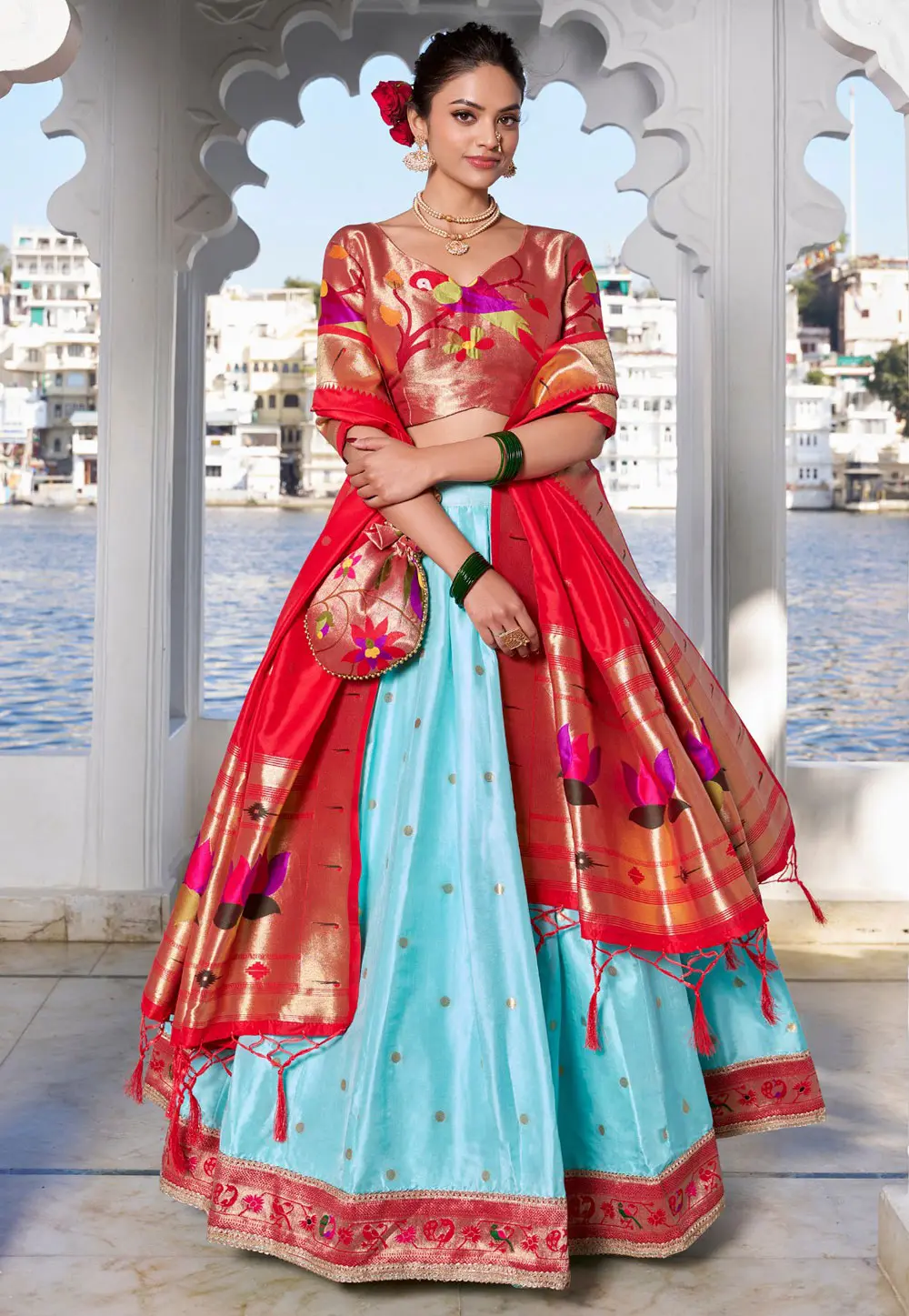 Sky Blue Jacquard Silk Lehenga Choli 303675