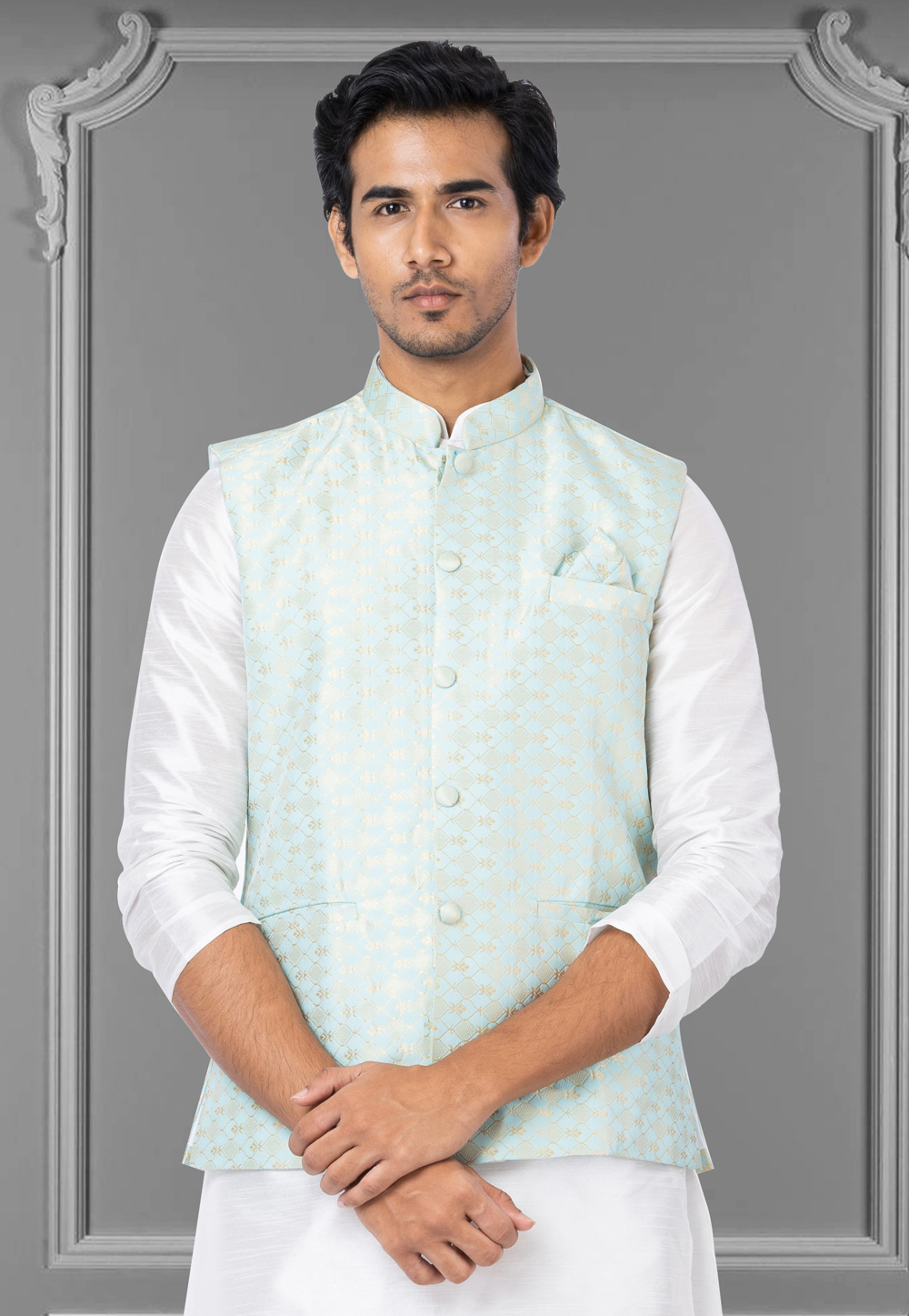 Sky Blue Jacquard Silk Nehru Jacket 286953