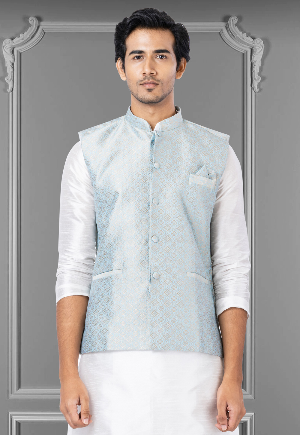 Sky Blue Jacquard Silk Nehru Jacket 286956