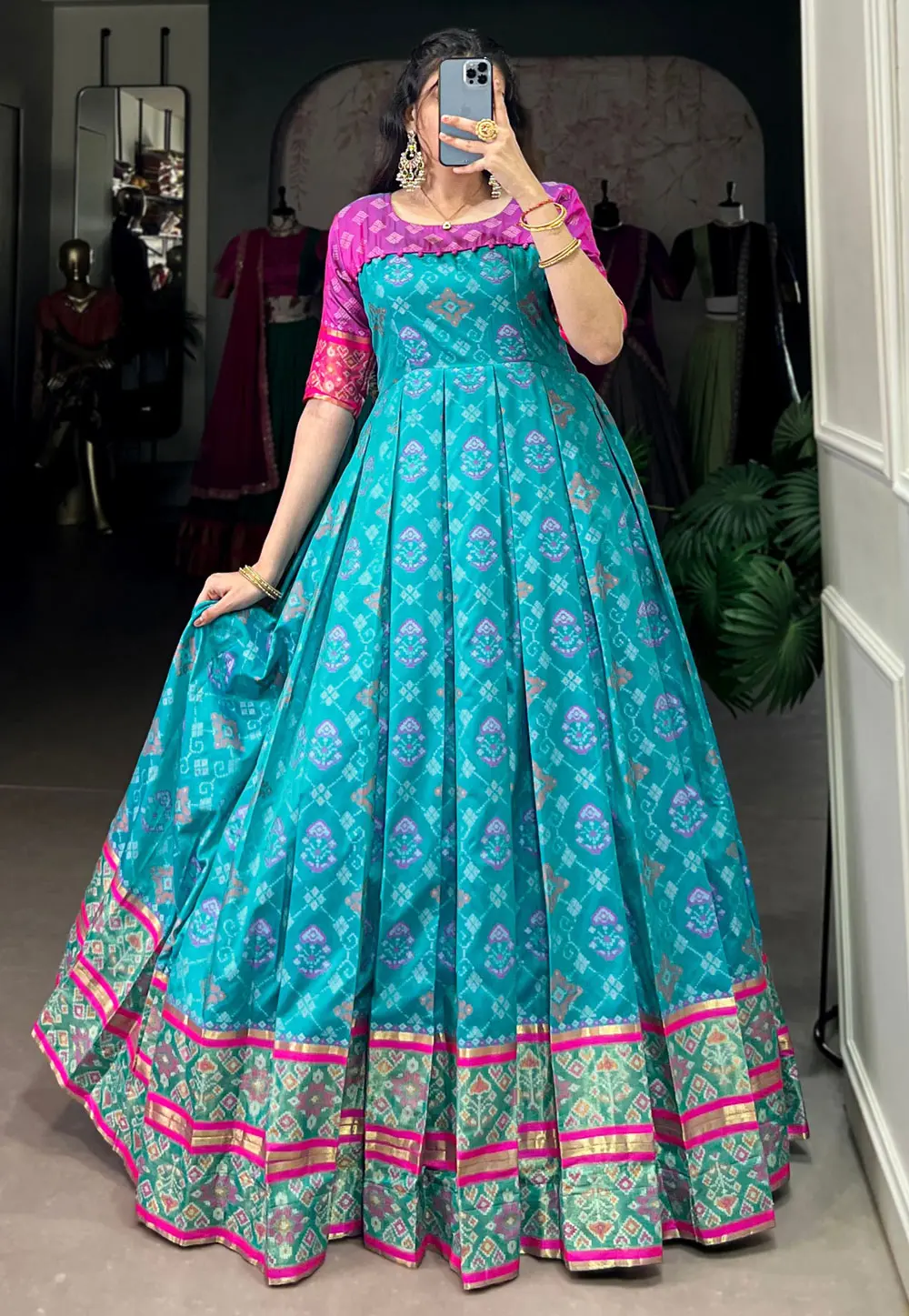 Sky Blue Jacquard Silk Printed Gown 304751