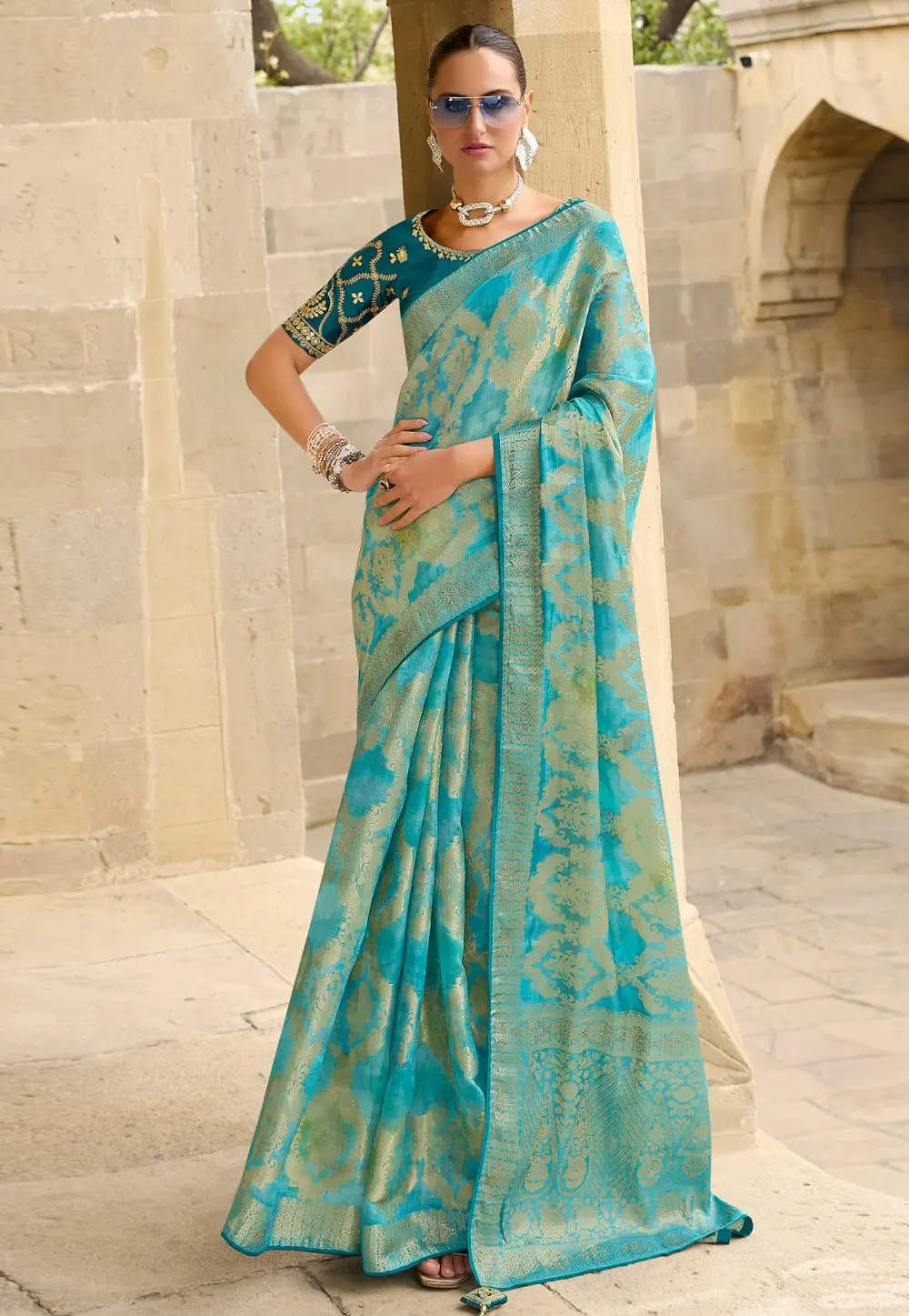 Sky Blue Jacquard Silk Saree With Blouse 302281