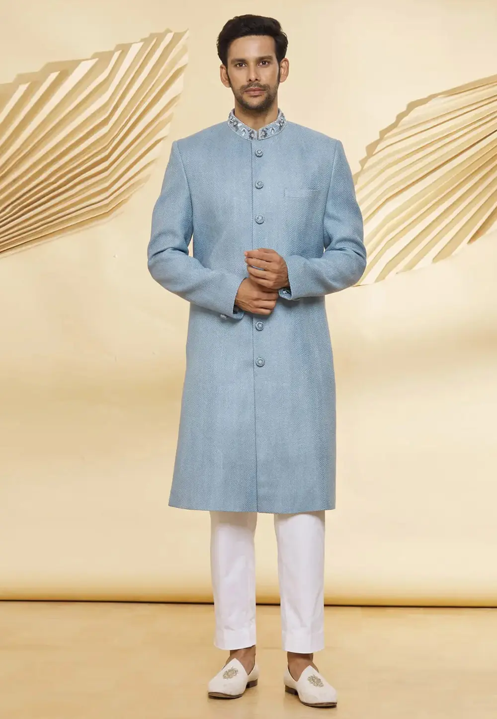 Sky Blue Jute Indo Western Sherwani 300175