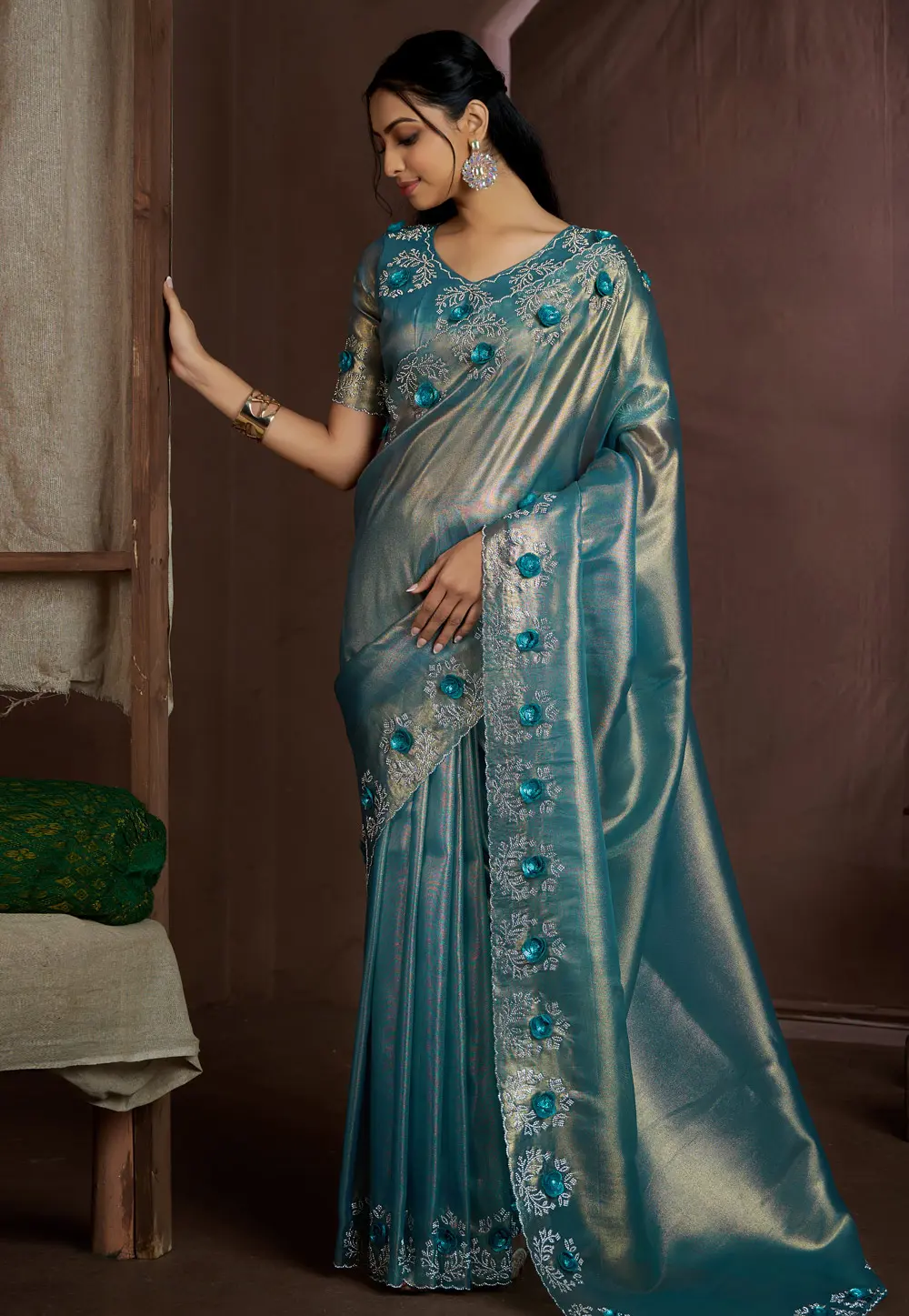 Sky Blue Jute Silk Saree With Blouse 300828