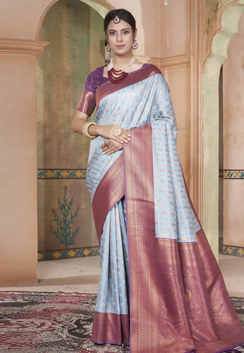 Sky Blue Kanjivaram Silk Saree With Blouse 288190