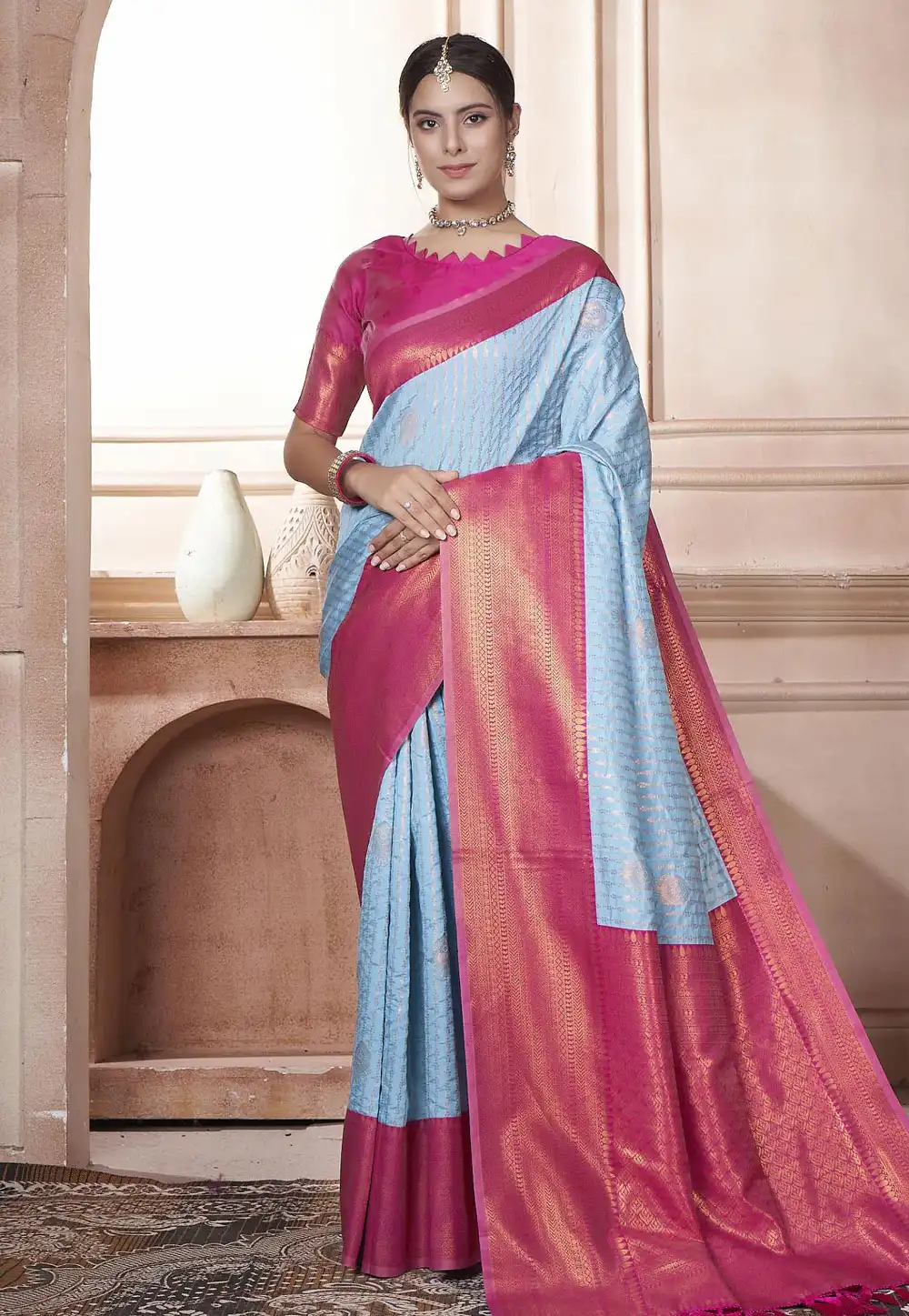 Sky Blue Kanjivaram Silk Saree With Blouse 288196