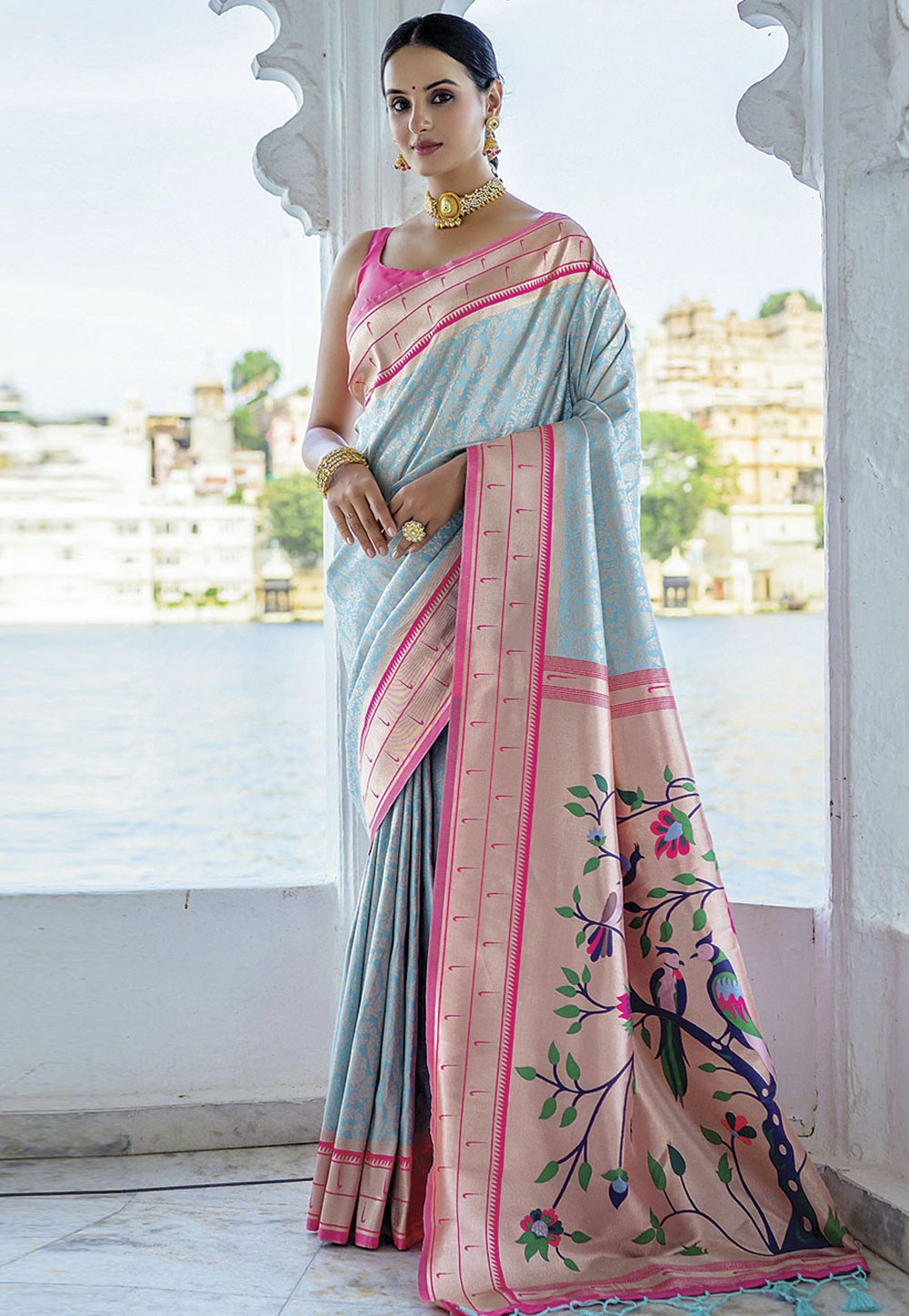 Sky Blue Kanjivaram Silk Saree With Blouse 278987