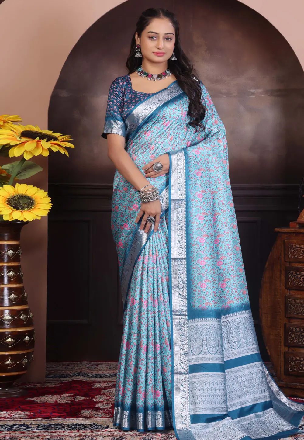 Sky Blue Khadi Saree With Blouse 298848