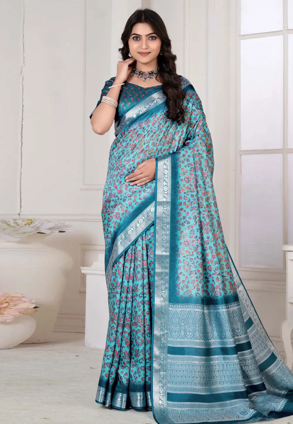 Sky Blue Khadi Saree With Blouse 298852