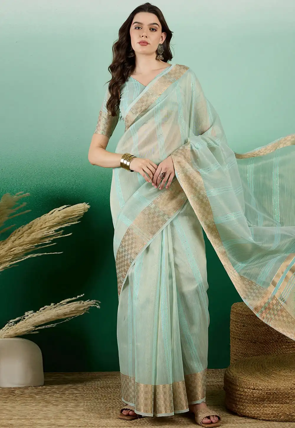 Sky Blue Khadi Saree With Blouse 290222