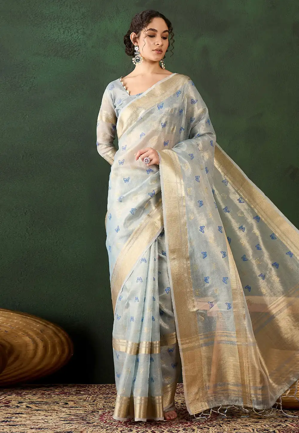 Sky Blue Khadi Saree With Blouse 294343