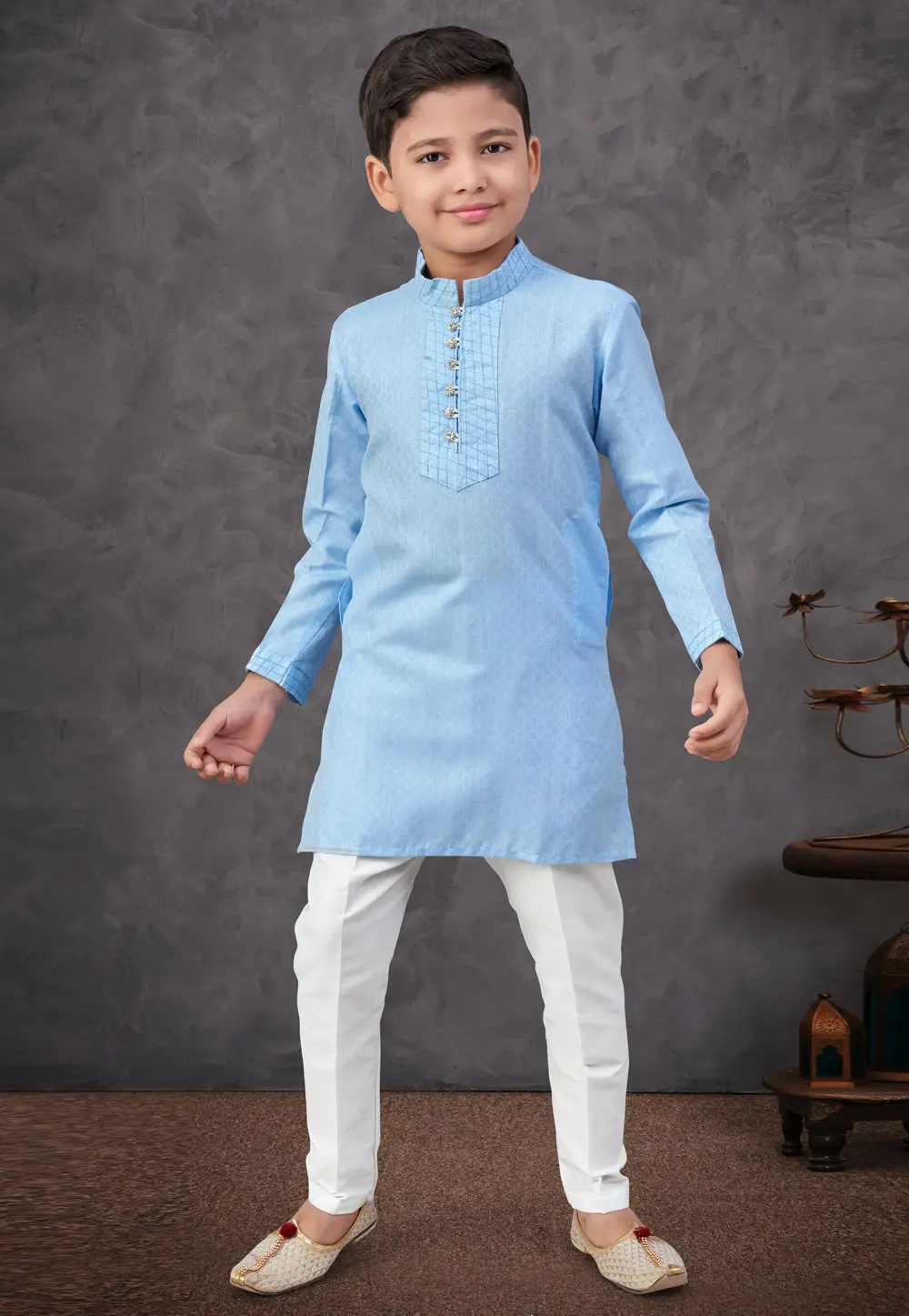 Sky Blue Linen Kids Kurta Pajama 303817