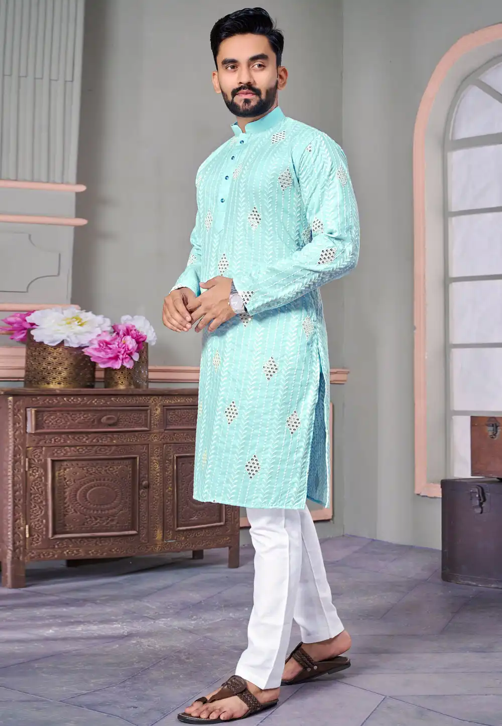 Sky Blue Linen Kurta Pajama 293830