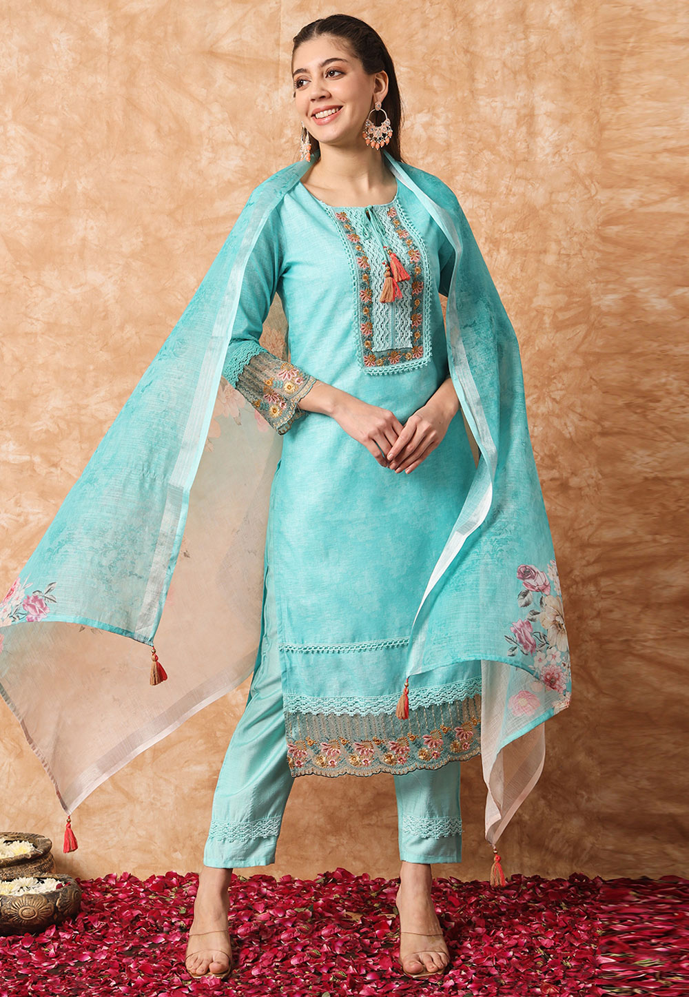 Sky Blue Linen Readymade Pant Style Suit 278869
