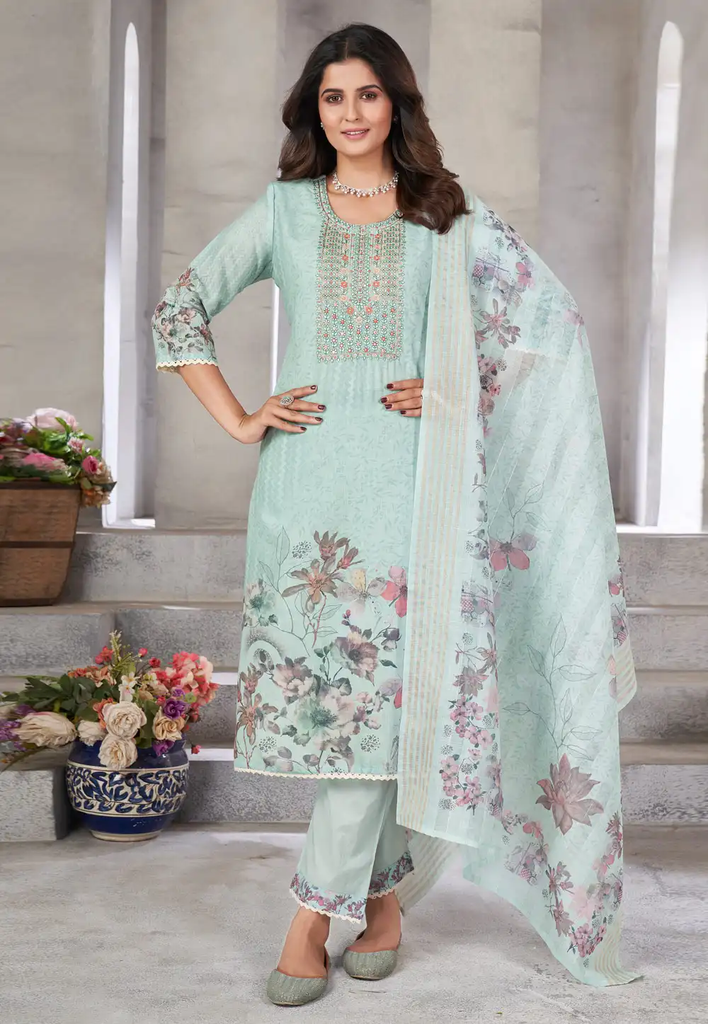 Sky Blue Linen Readymade Pant Style Suit 290332