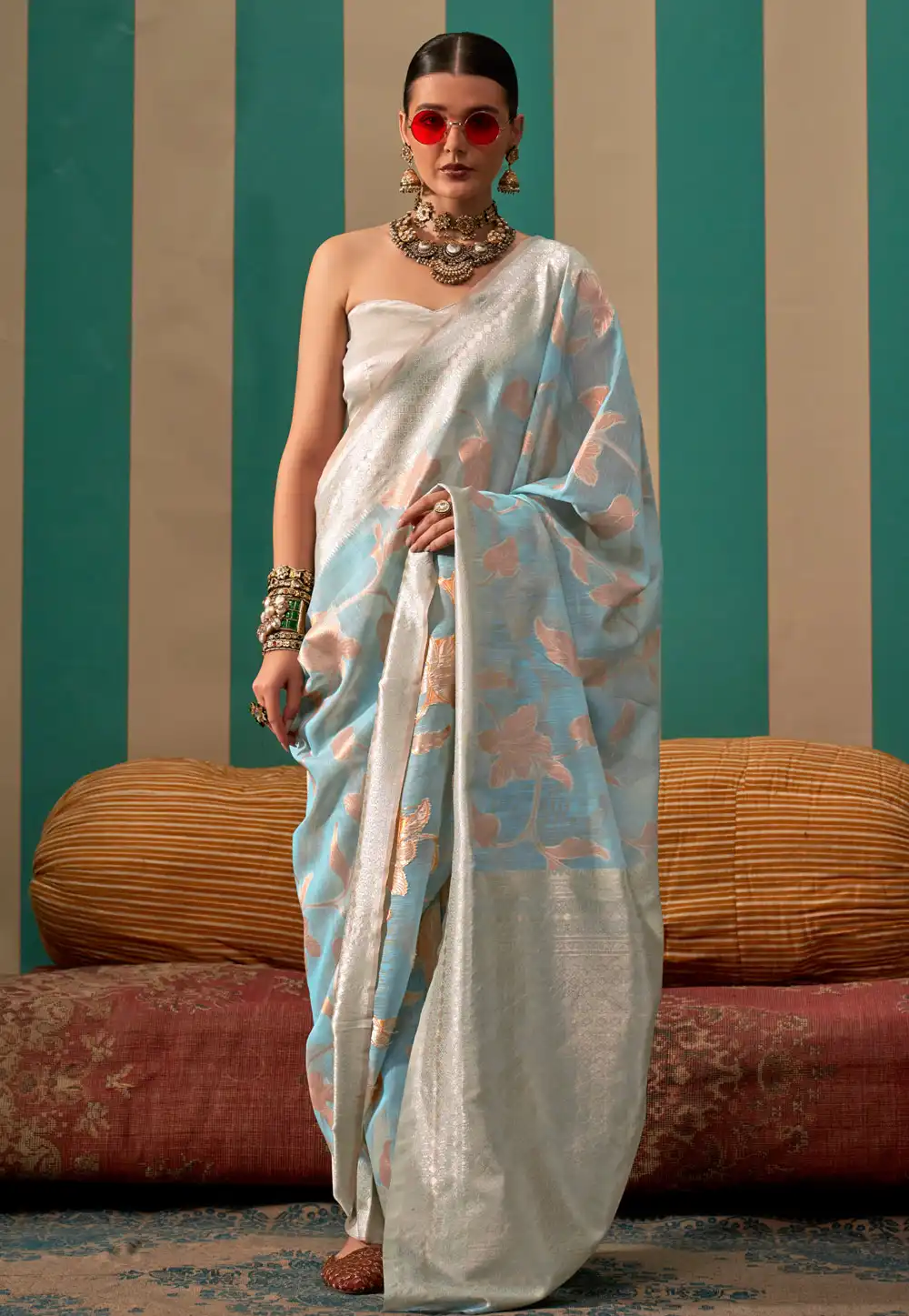 Sky Blue Linen Saree With Blouse 290874