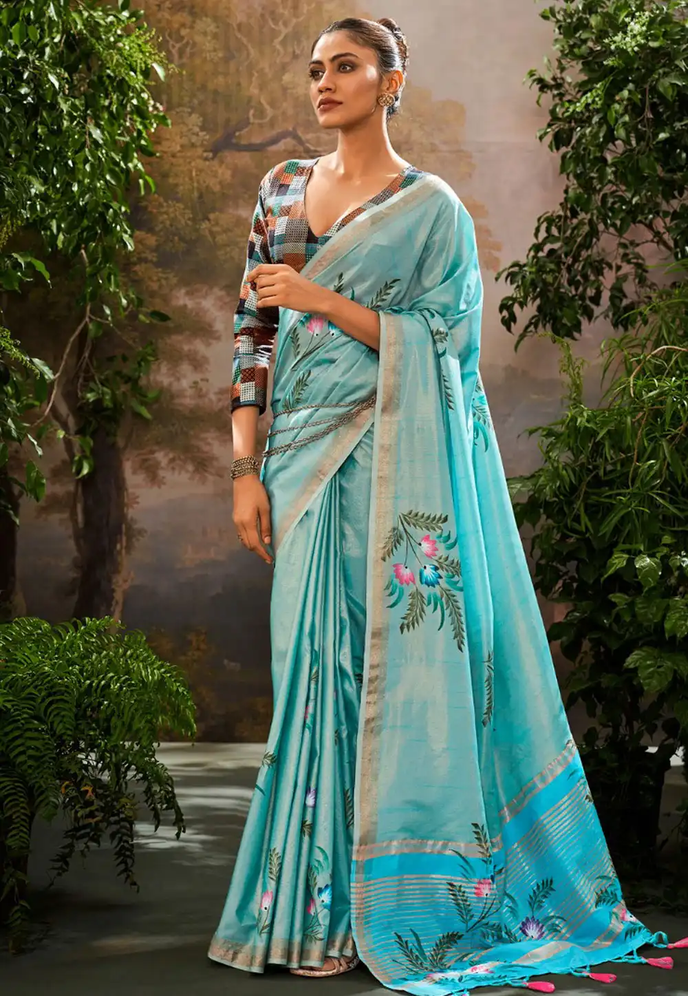 Sky Blue Linen Saree With Blouse 295063