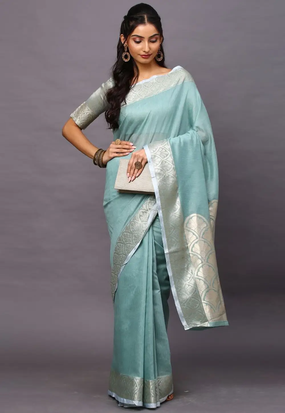 Sky Blue Linen Saree With Blouse 295423