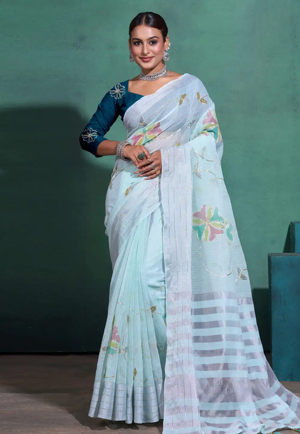 Sky Blue Linen Saree With Blouse 289300