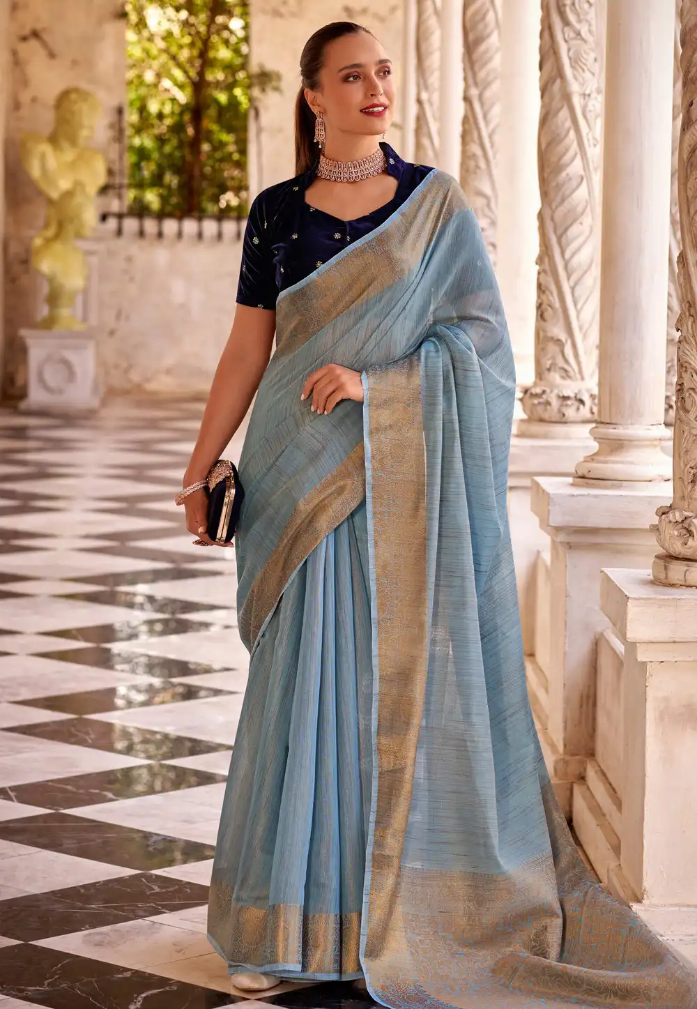 Sky Blue Linen Saree With Blouse 291580