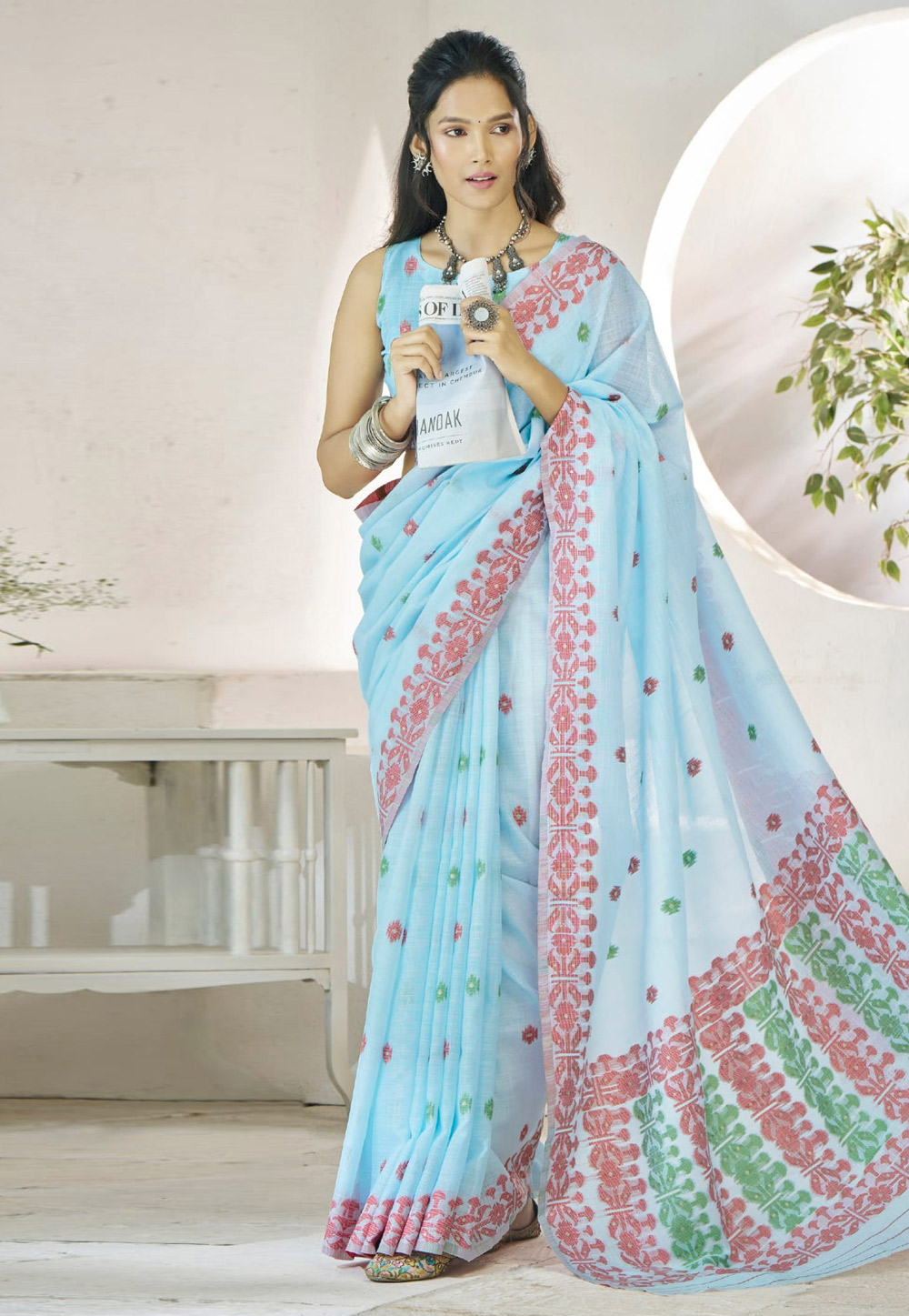 Sky Blue Linen Saree With Blouse 305796