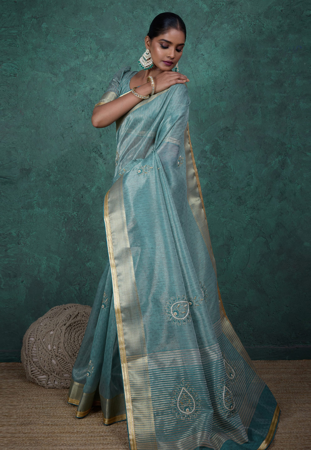Sky Blue Linen Saree With Blouse 309380