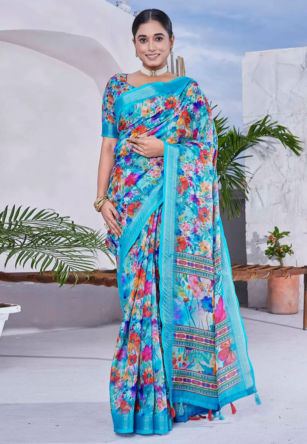 Sky Blue Linen Saree With Blouse 296047