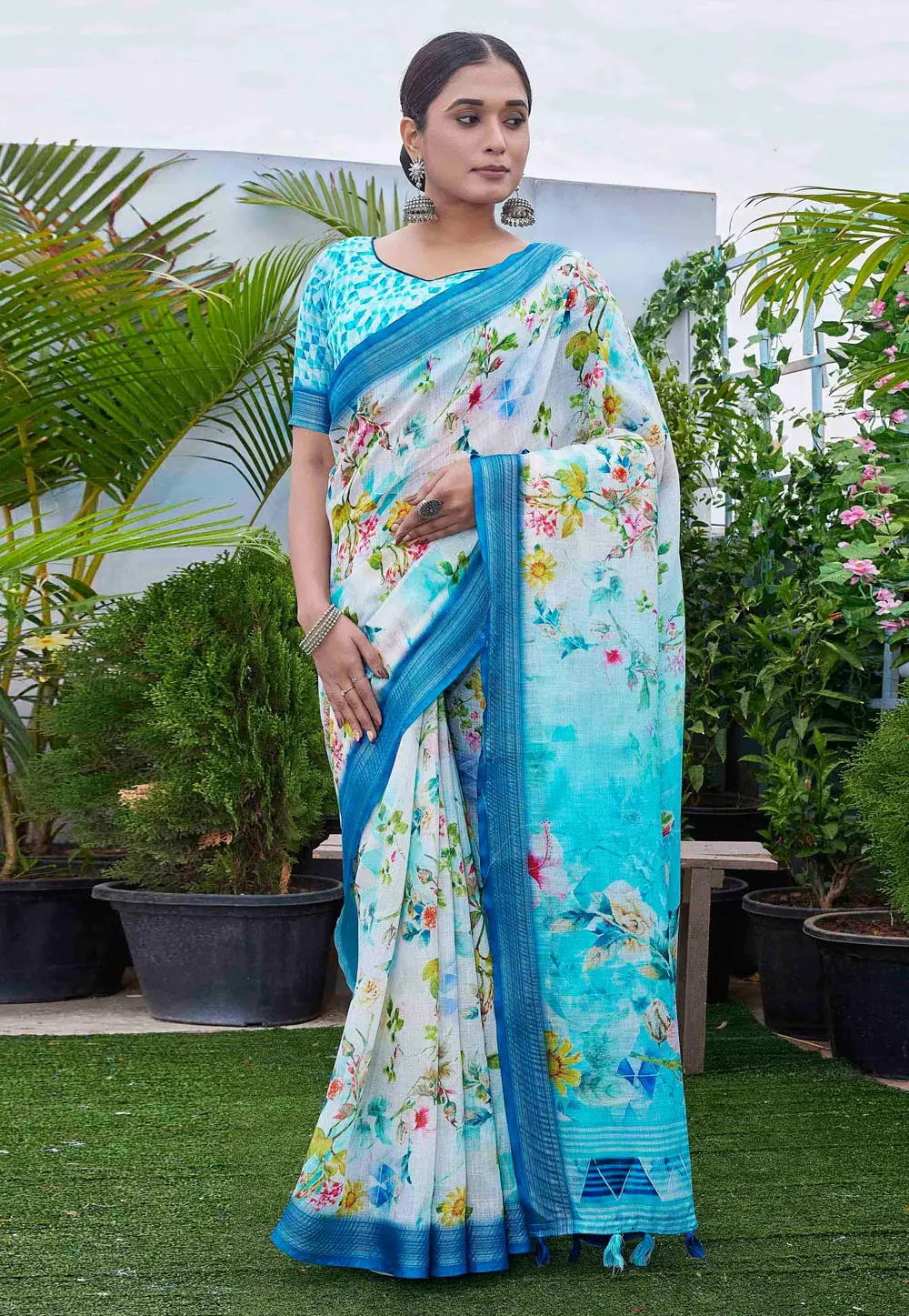 Sky Blue Linen Saree With Blouse 296053