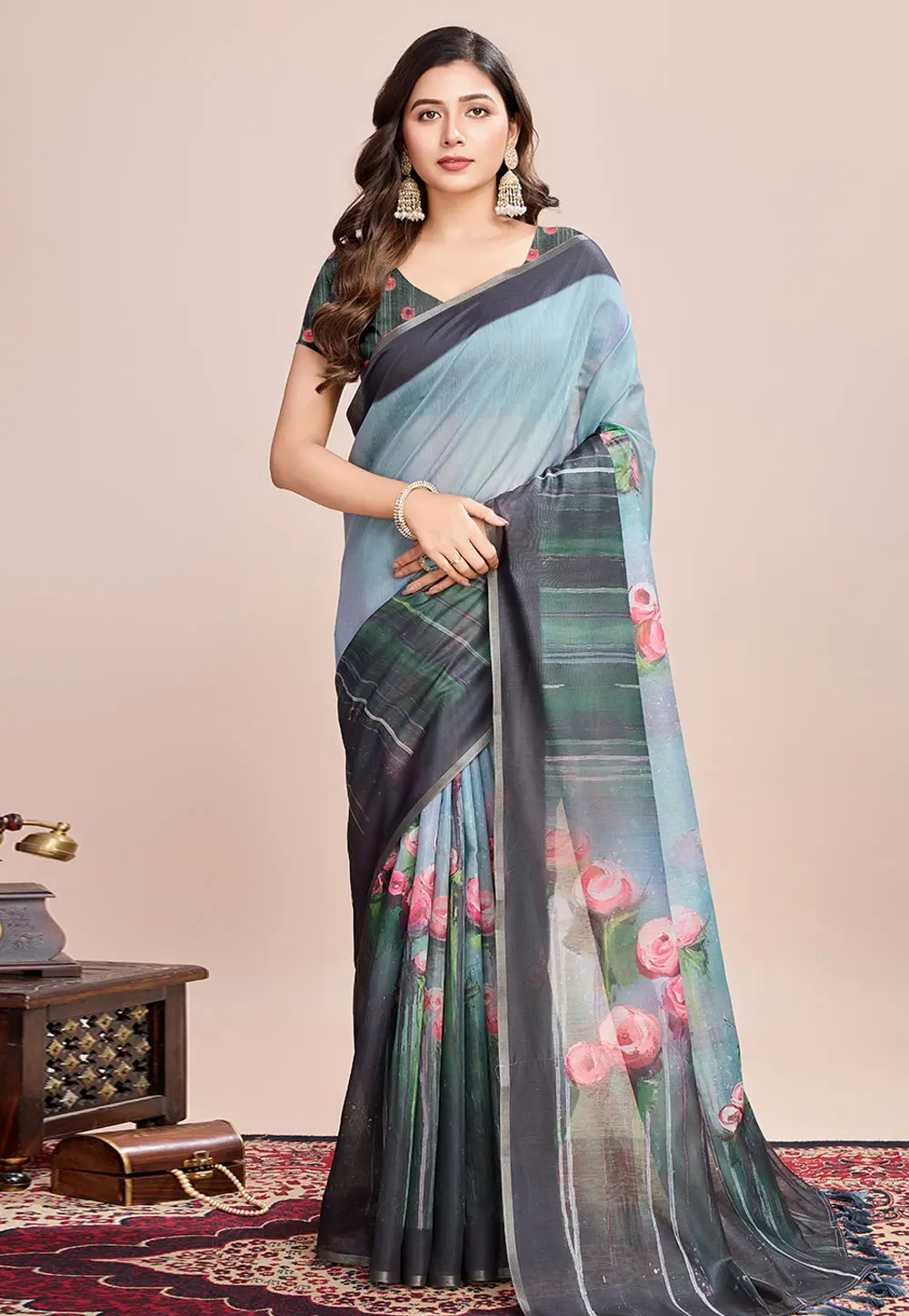 Sky Blue Linen Saree With Blouse 300106