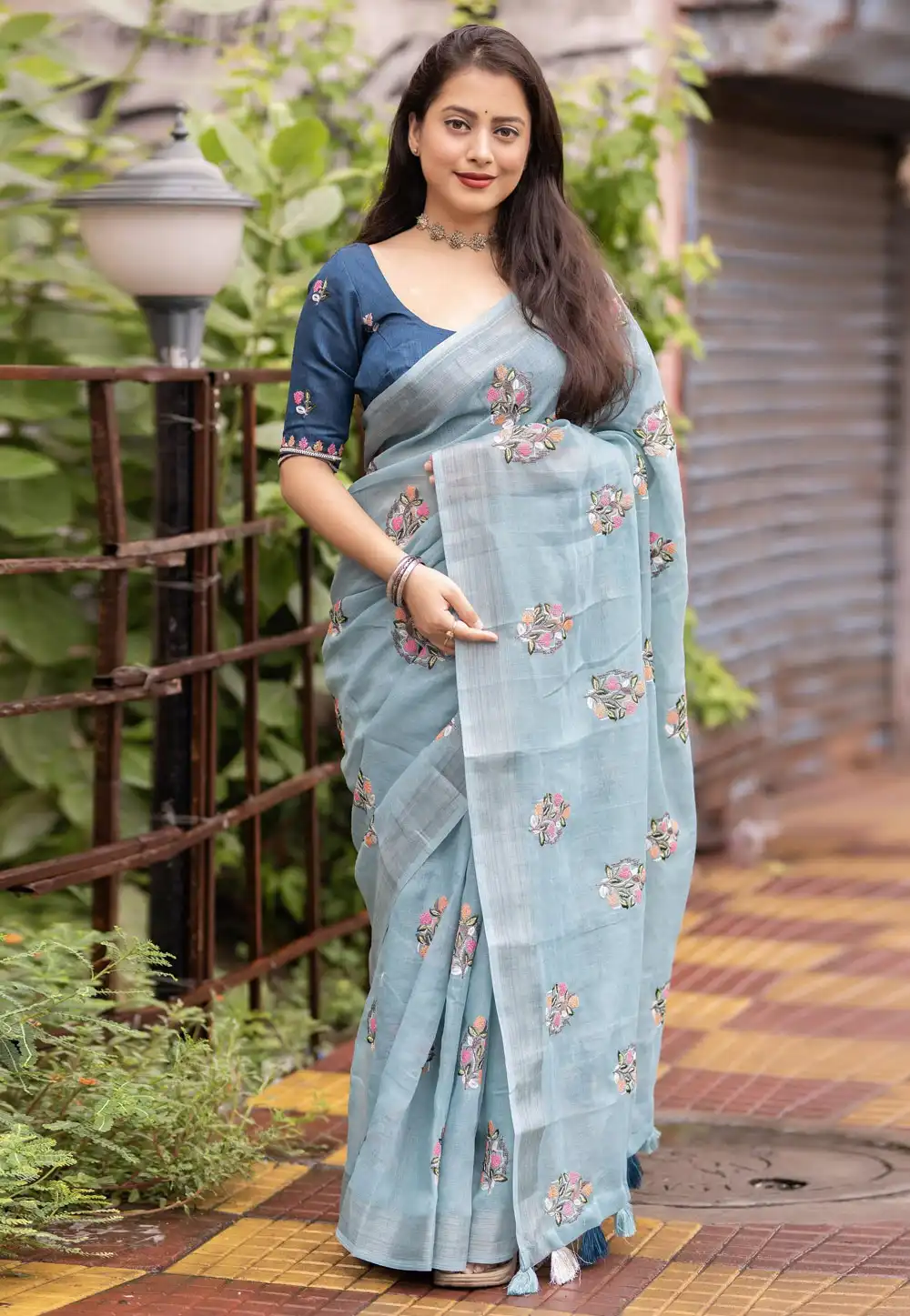 Sky Blue Linen Saree With Blouse 289751