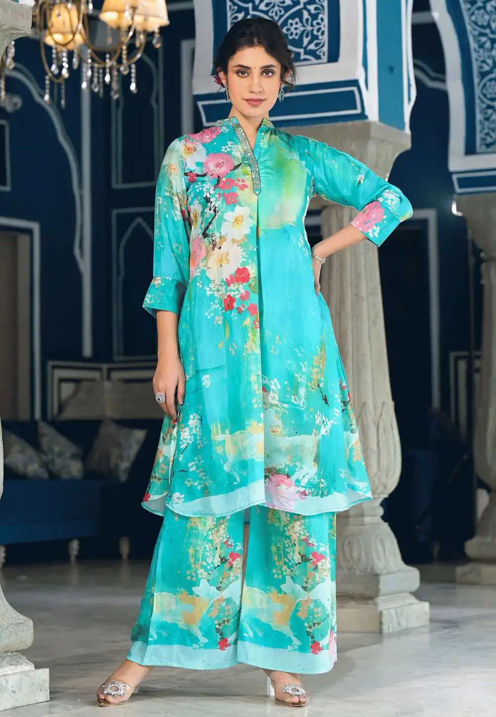 Sky Blue Muslin Kurta Set With Palazzo 292020