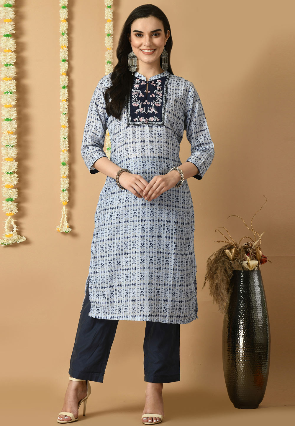 Sky Blue Muslin Kurta Set With Pent 305478